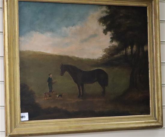 Victorian School, oil on canvas, Boy and pony in a field 49 x 59cm.